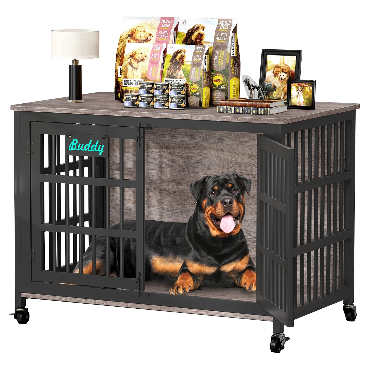 Heavy Duty Dog Crate Furniture With Casters For Indoor Use