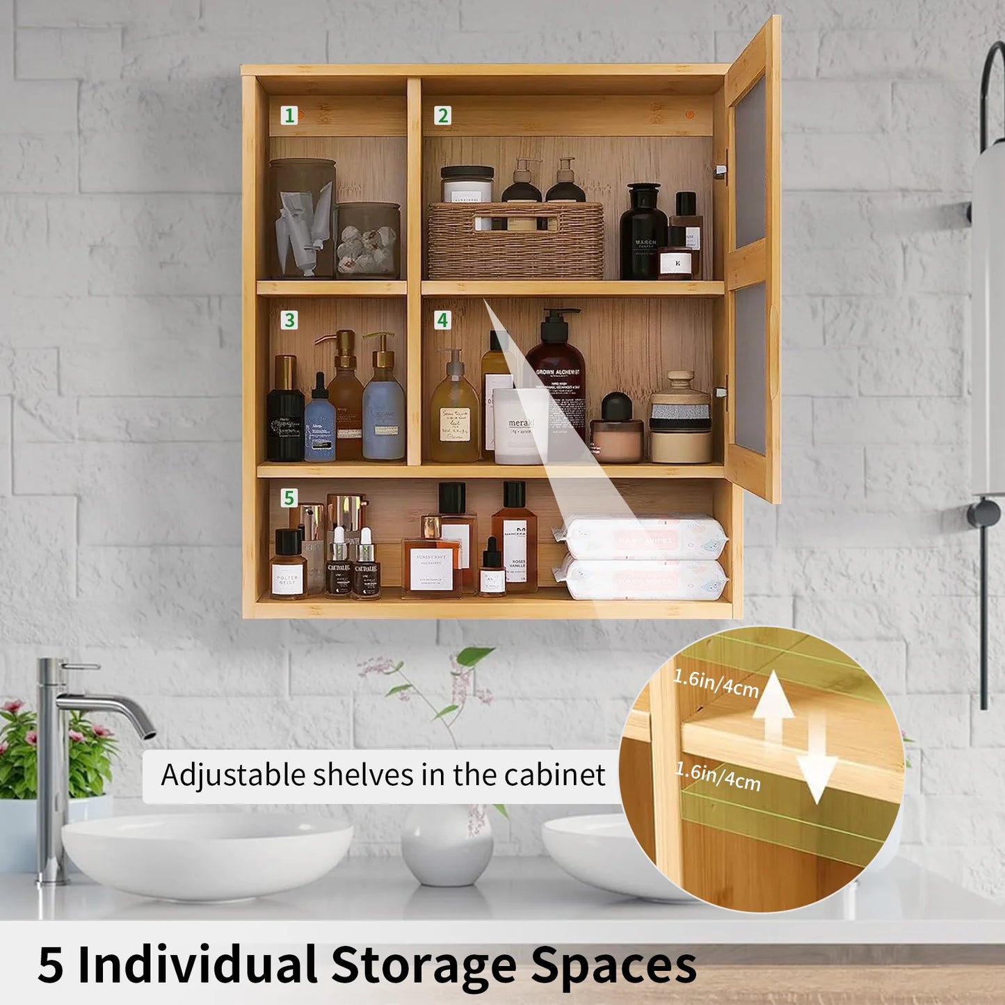 Natural Bamboo Wall Medicine Cabinet With Five-Tier Storage
