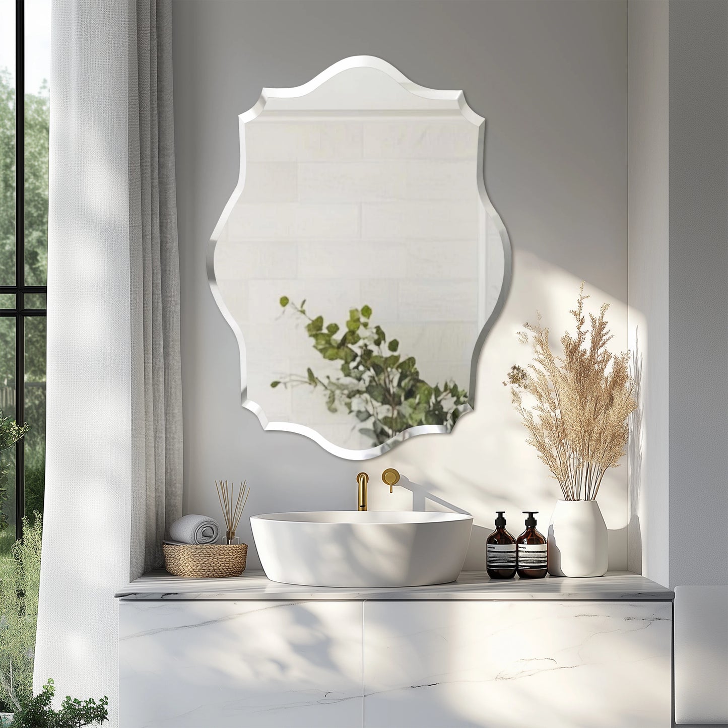 Wisfor Scalloped Beveled Wall Mirror For Modern Bathroom Decor