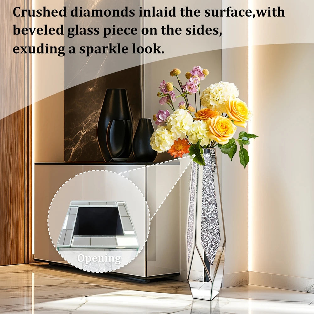 Crushed Diamond Mirrored Floor Vase Silver Floral Arrangement