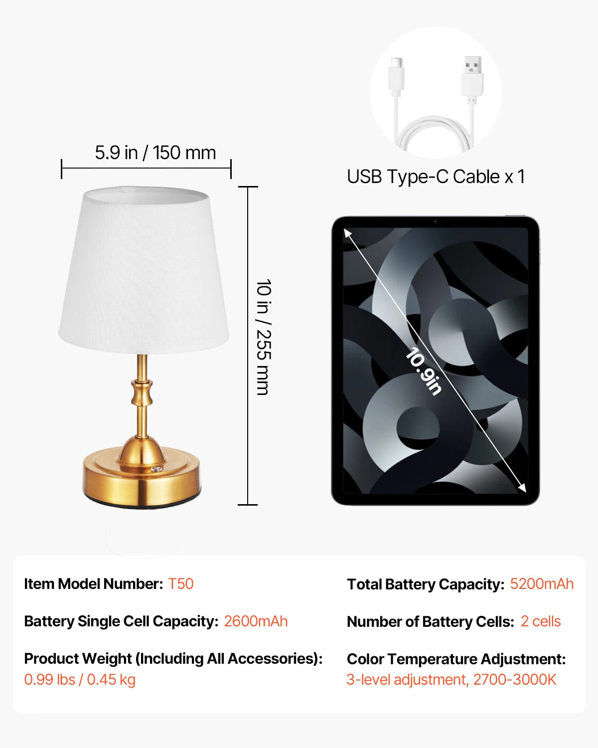 SucceBuy Cordless Table Lamp With 5200mAh Battery 3 Brightness Levels