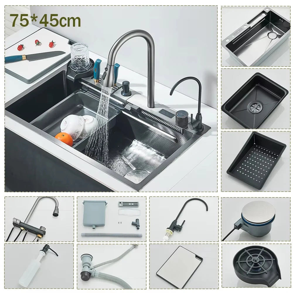 304 Stainless Steel Kitchen Waterfall Sink With Digital Display Faucet