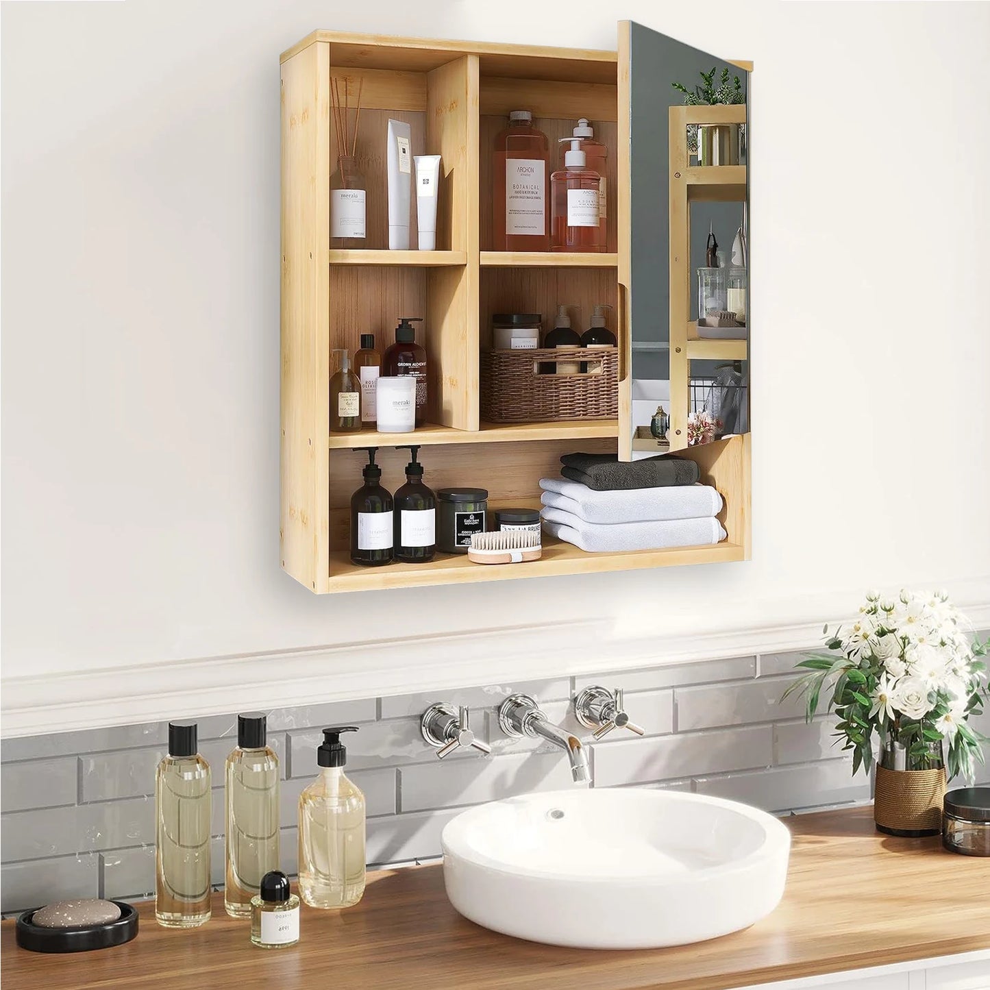 Wisfor Bamboo Wall Mounted Bathroom Cabinet With Mirror Storage