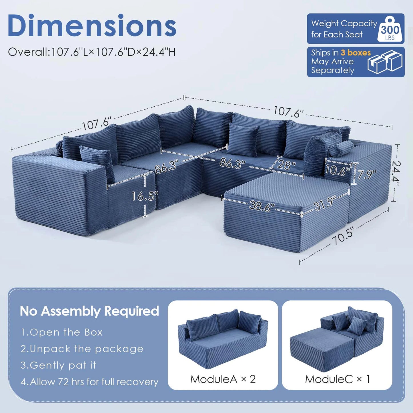 Redlife Modern Boneless Modular Sectional Sofa With Removable Covers