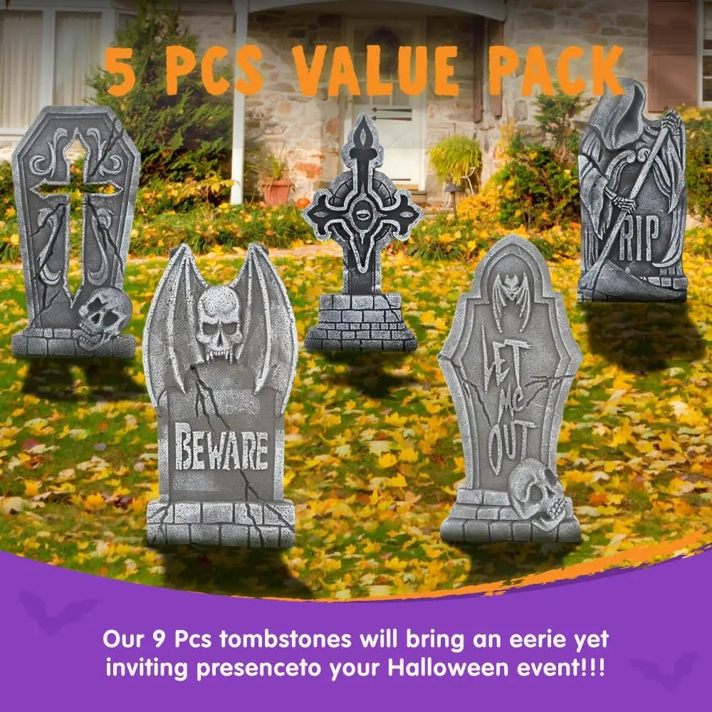 17" Halloween Decorations Outdoor Tombstones 5 Pack Halloween Graveyard Foam Headstones Decor with 12 Metal Stakes for Prop Cemetery Yard Lawn Decorations, Party Supplies Pet and Home Outlet