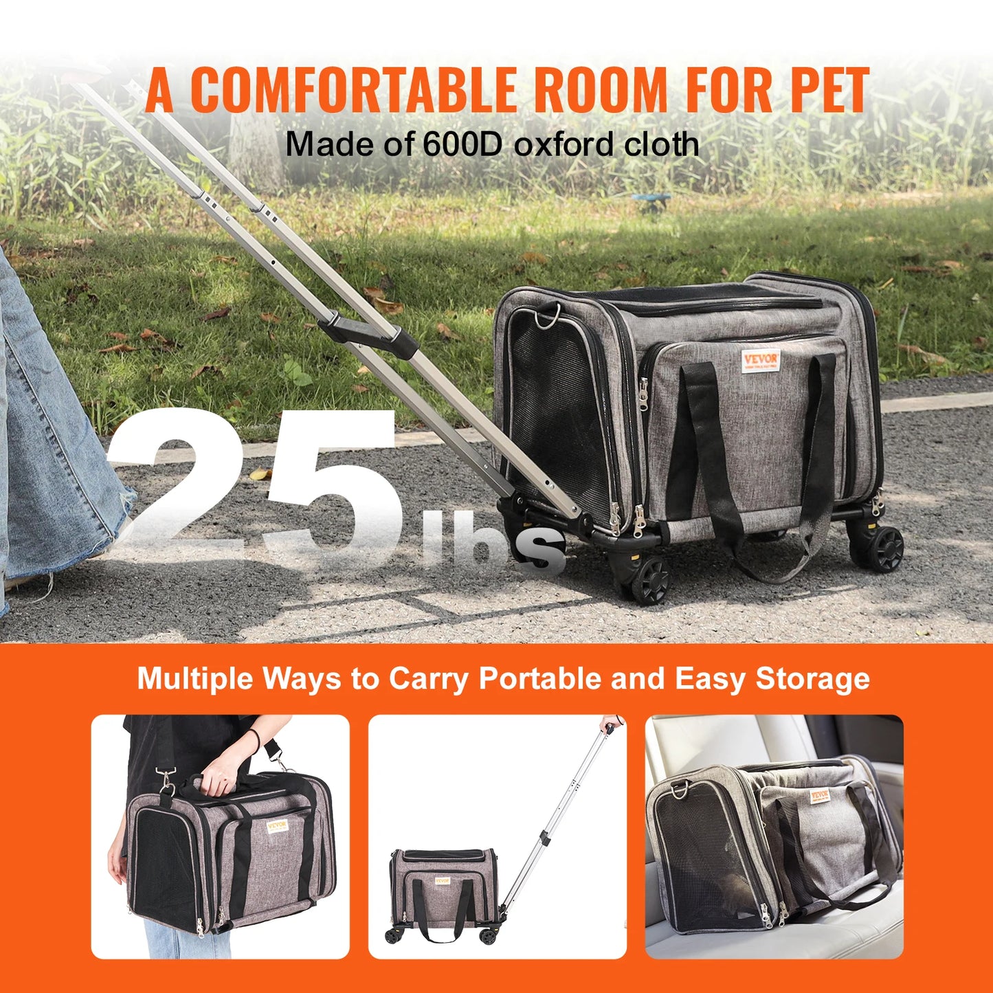 Breathable Cat And Small Dog Carrier Backpack With Telescopic Handle And Wheels