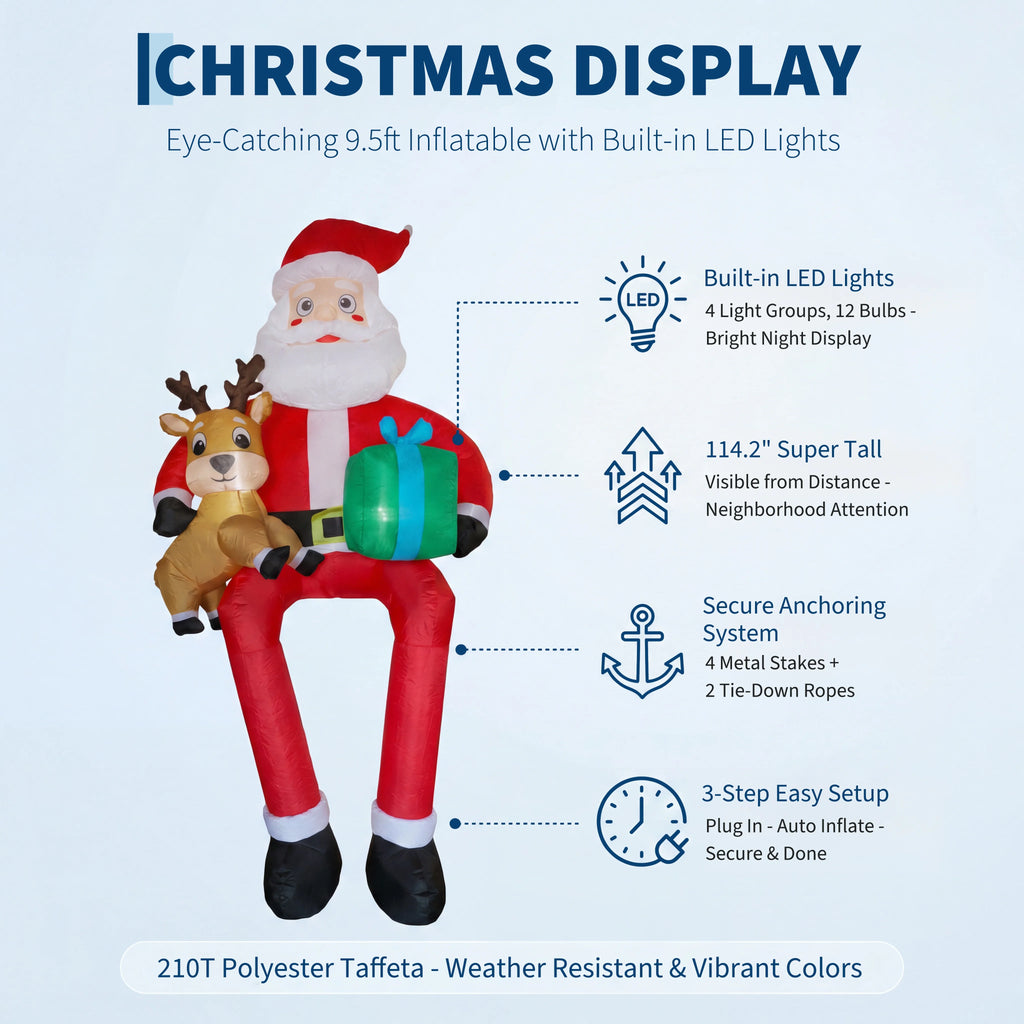 9.5ft Christmas Inflatable Sitting Santa with Reindeer Outdoor Blow Up Yard Decoration Built In LED Lights Lawn Garden Roof Display Holiday Party Winter Festival Home Decor Pet and Home Outlet