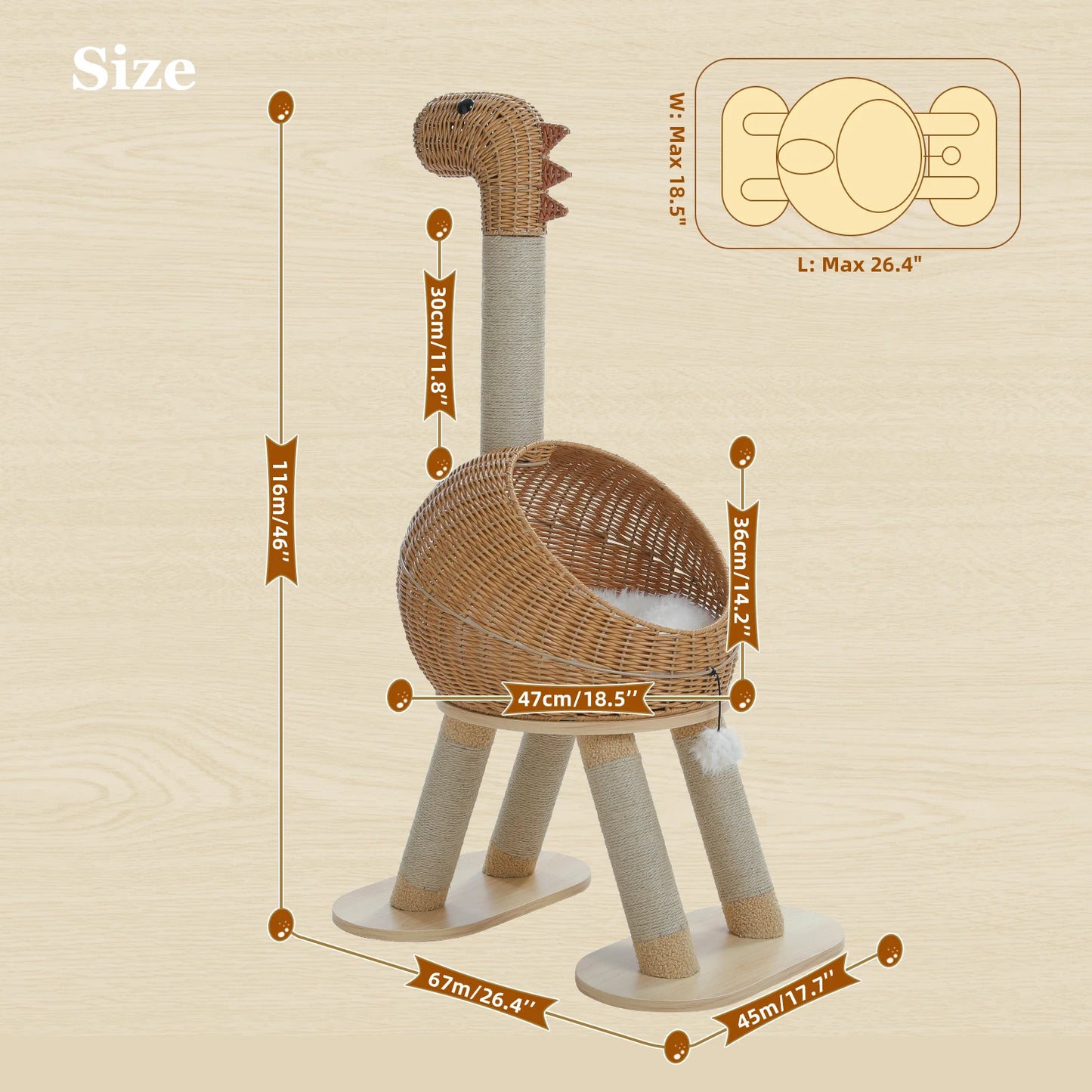 PAWZ Road Dinosaur Cat Tree Tower With Sisal Scratching Post And Rattan Condo