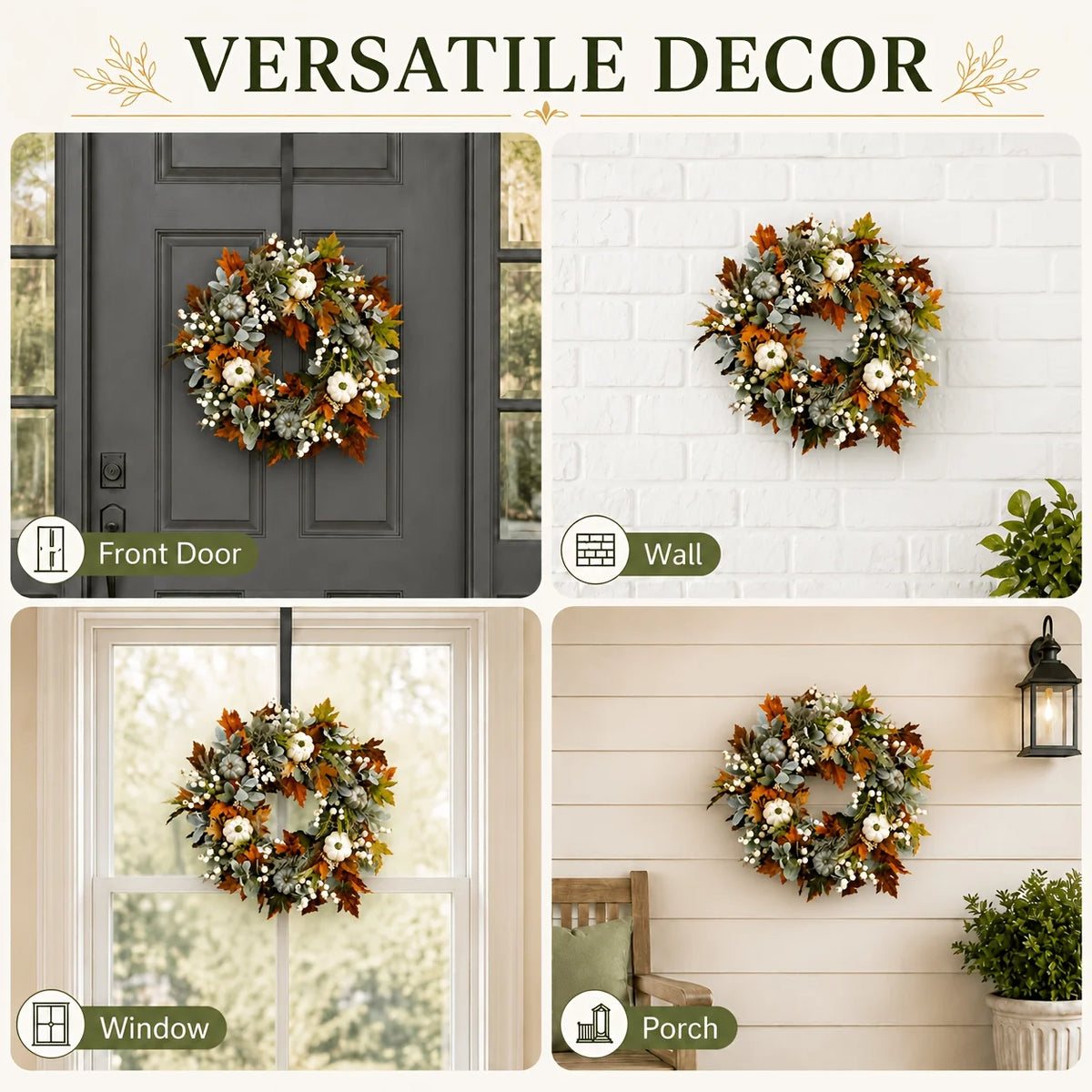 Garlands - All Peony And Pumpkin Wreath Year Round, Leaves And Berries Farmhouse Autumn Wreath, Mixed Leaves - Thanksgiving Wreaths for Indoor Outdoor, Artificial Fall Wreaths for Front Door Rustic Pet and Home Outlet