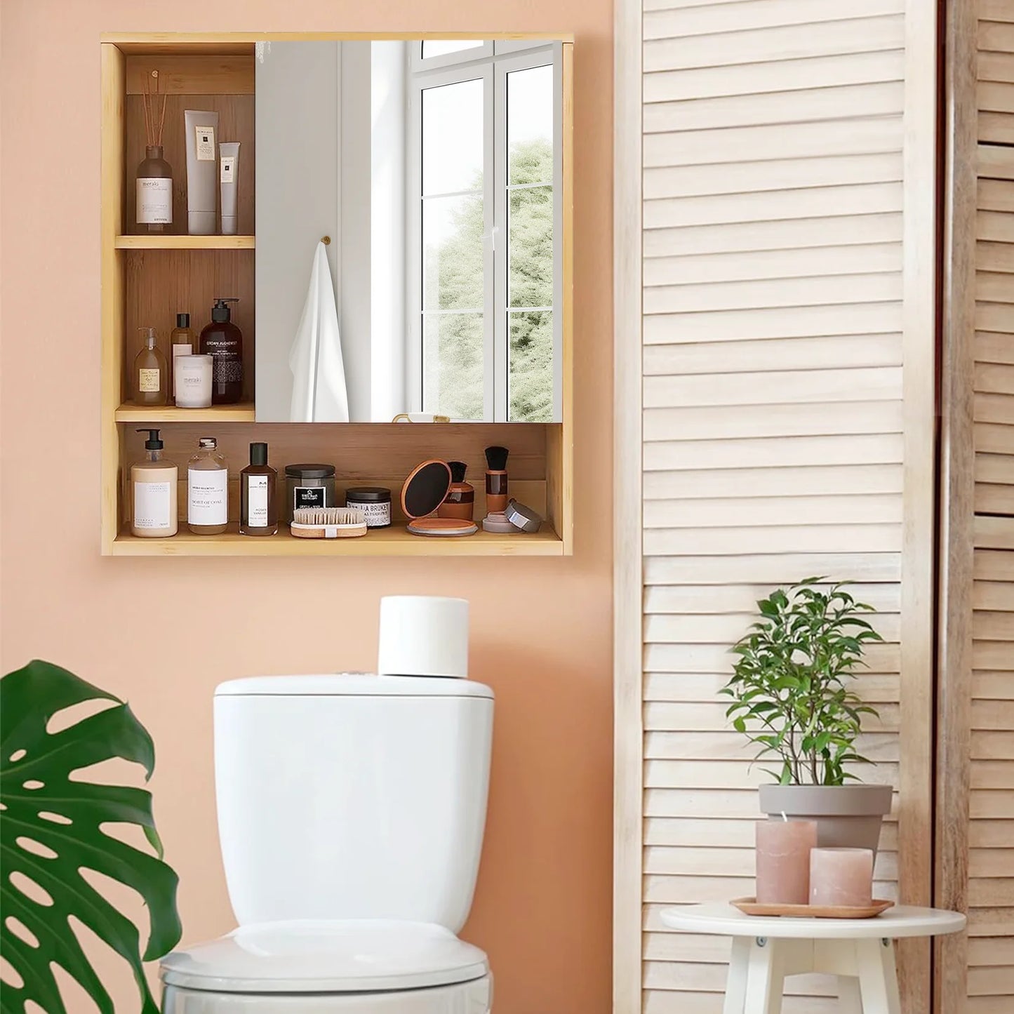 Natural Bamboo Wall Medicine Cabinet With Five-Tier Storage