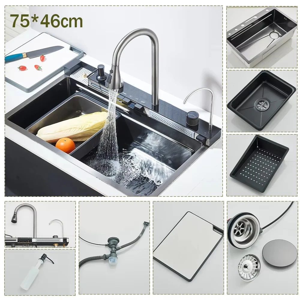 304 Stainless Steel Kitchen Waterfall Sink With Digital Display Faucet