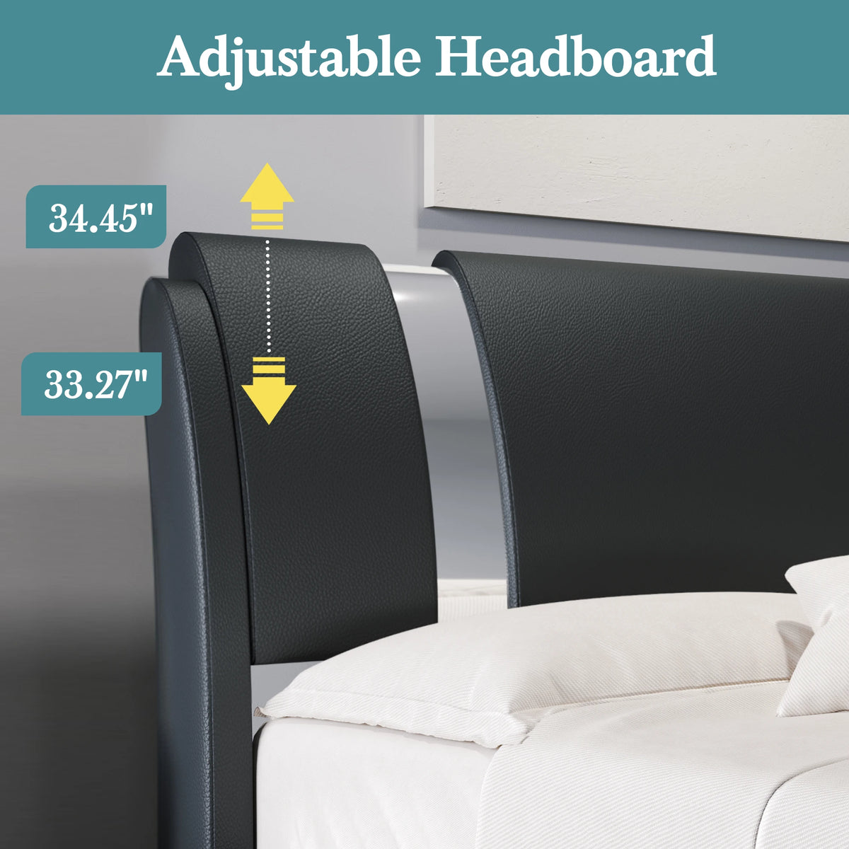 HOOMIC Modern Faux Leather Bed Frame with Iron Pieces Decor, Low Profile Platform Bed with Height-Adjustable Headboard Pet and Home Outlet