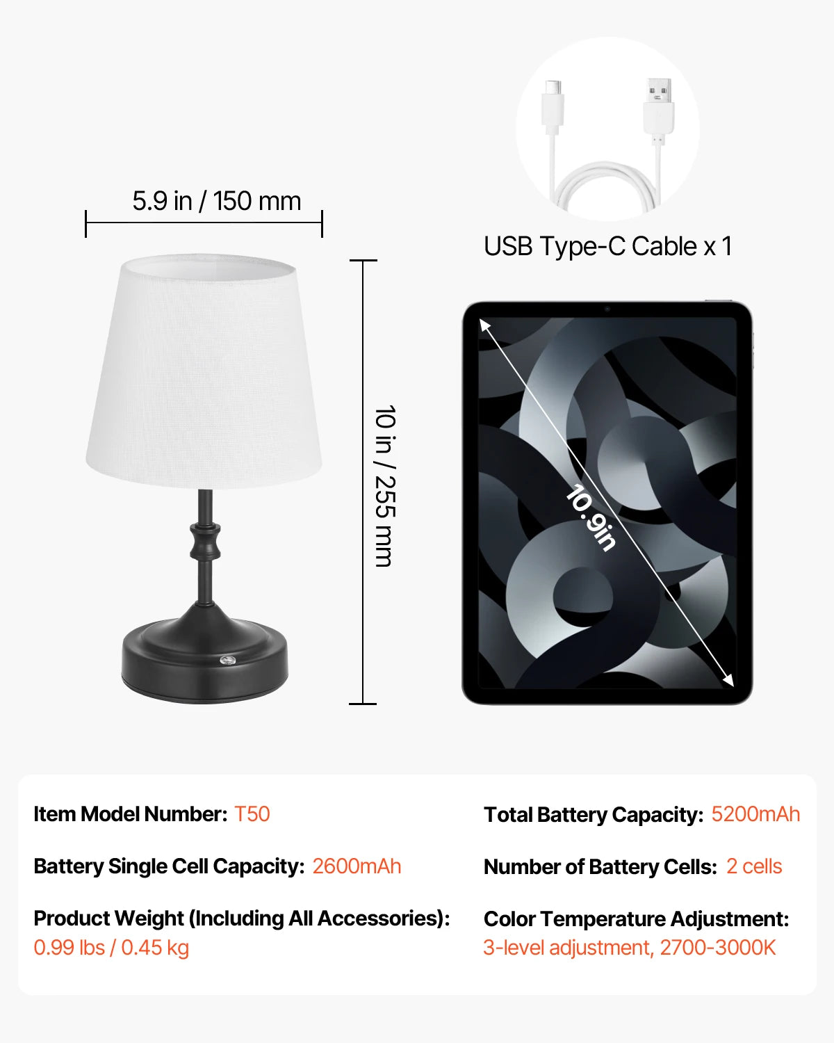 SucceBuy Cordless Table Lamp With 5200mAh Battery 3 Brightness Levels