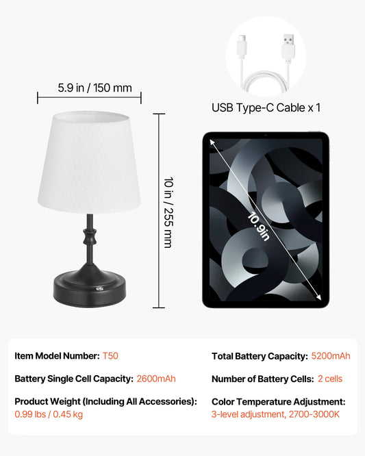 SucceBuy Cordless Table Lamp With 5200mAh Battery 3 Brightness Levels