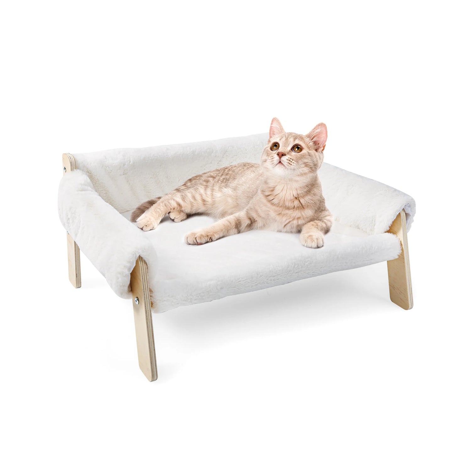 Raised Wooden Cat Bed With Plush Sofa for Indoor Cats