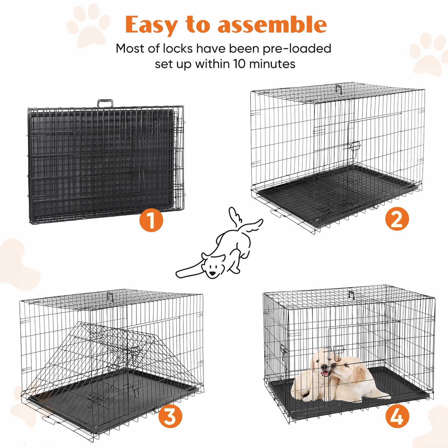 JHK Double Door Folding Metal Wire Dog Crate Leakproof Pan