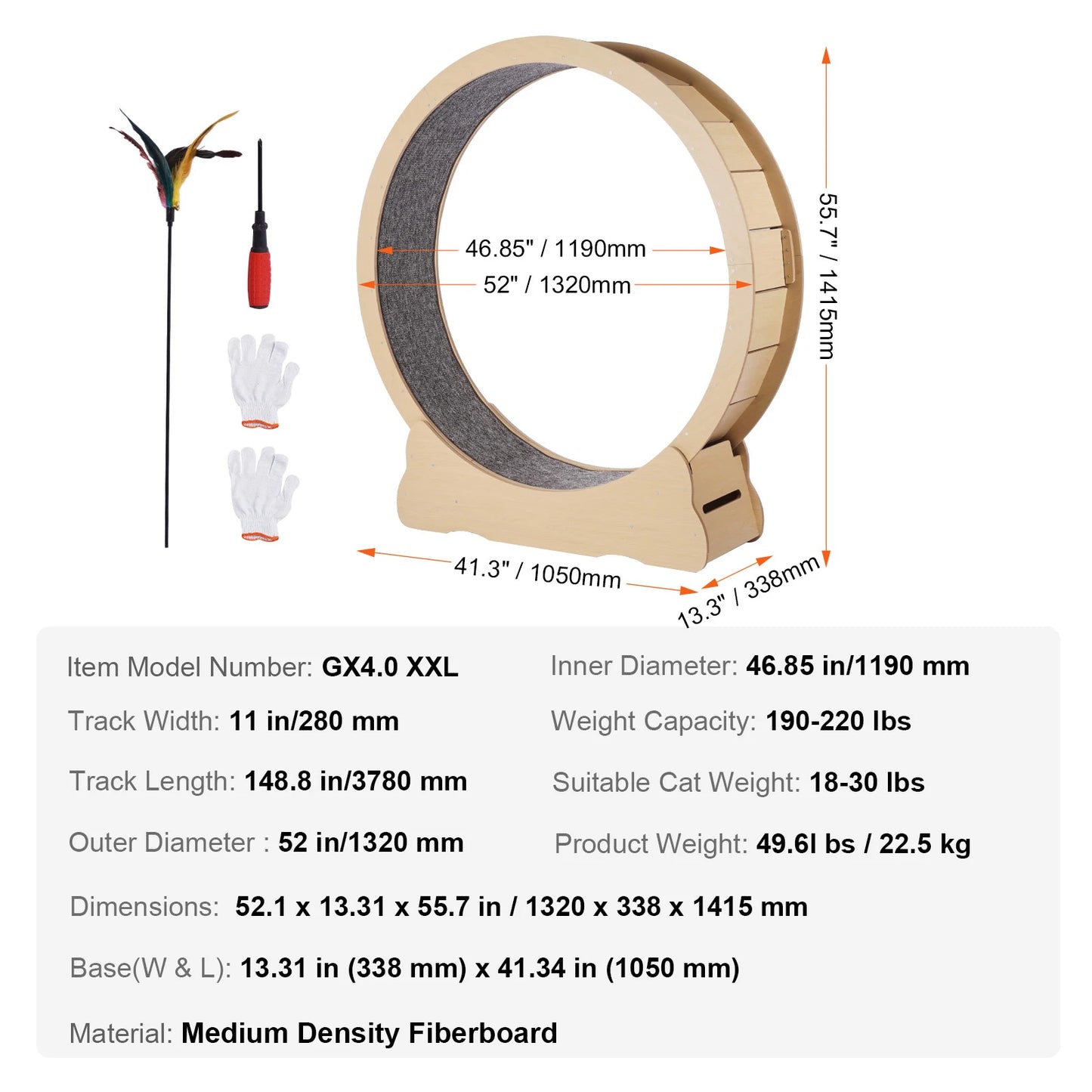 Indoor Wooden Cat Exercise Wheel With Detachable Carpet Teaser Attachment