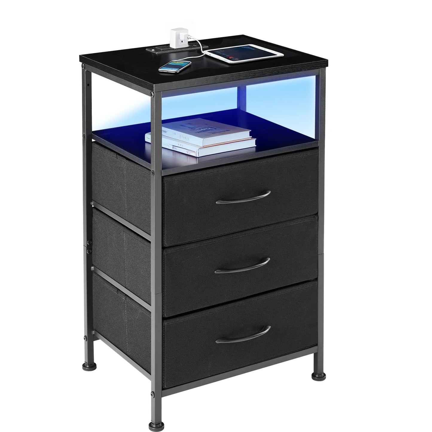 JHK Modern Nightstand With Three Fabric Drawers And USB Outlet