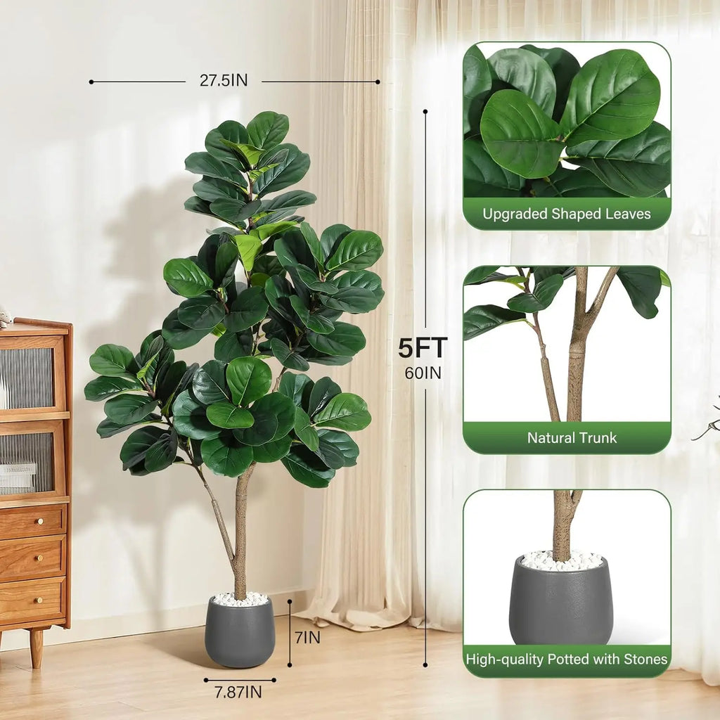 4FT/5FT/6FT/7FT Fiddle Leaf Fig Tree Artificial with Leaves, Realistic Faux Ficus Lyrata Trees in White Planter Pot, Home Decor Pet and Home Outlet