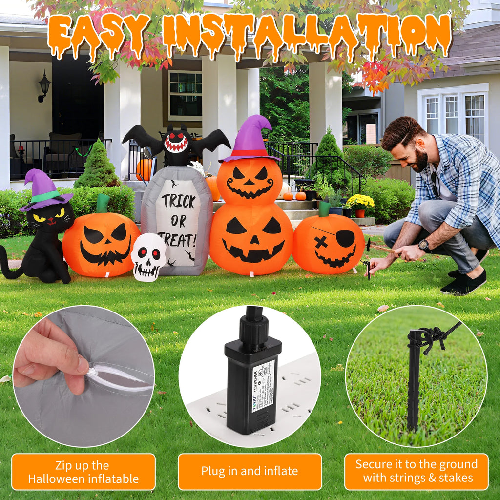 8ft Halloween Pumpkin Black Cat Tombstone Inflatable Yard Decor With Led Lights, Blow Up Outdoor Decoration For Lawn Garden Porch Party Pet and Home Outlet