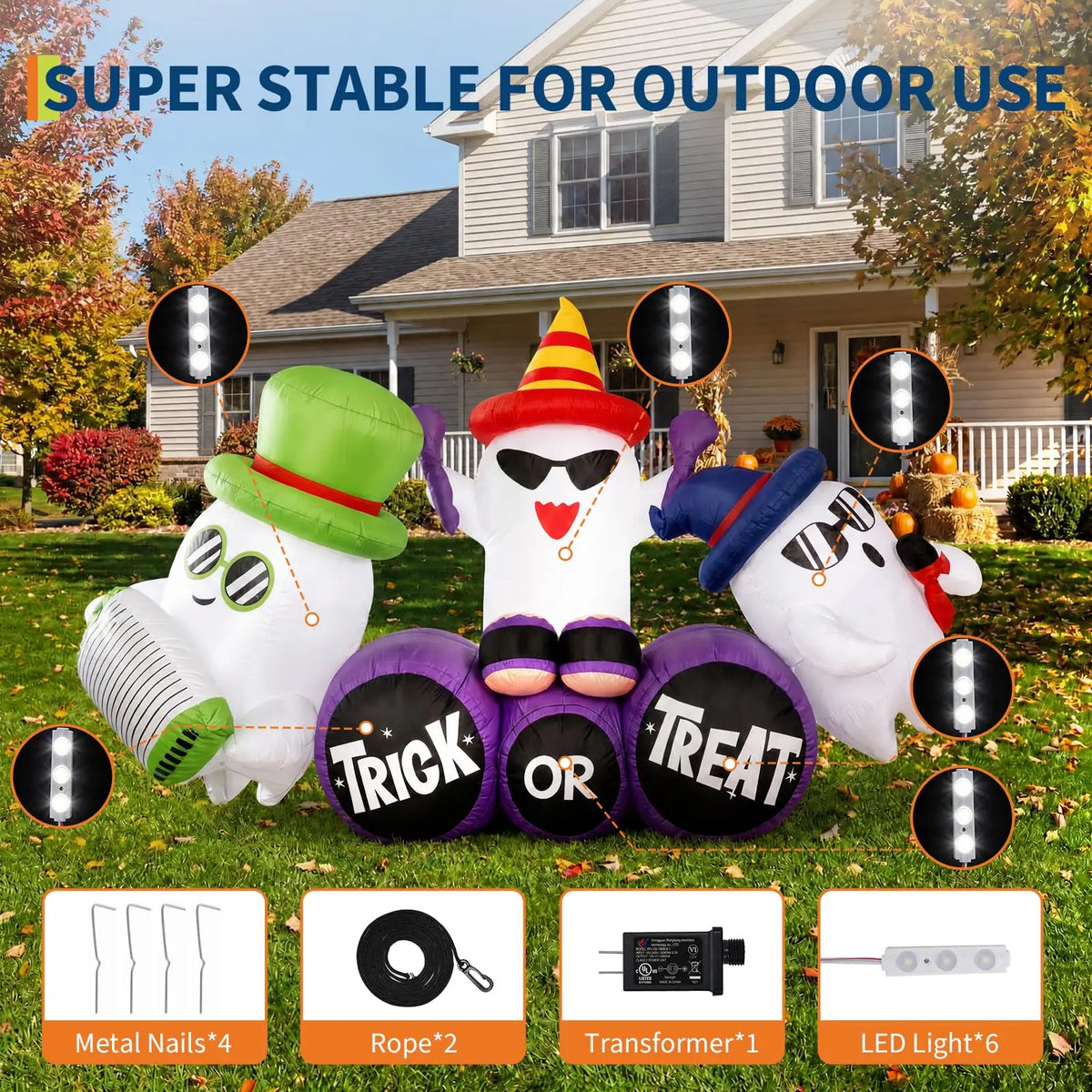 8ft Halloween Ghost Band Inflatable Outdoor Yard Decor With 6 Led Lights, Trick Or Treat Blow Up For Lawn Porch Garden Party Display Pet and Home Outlet