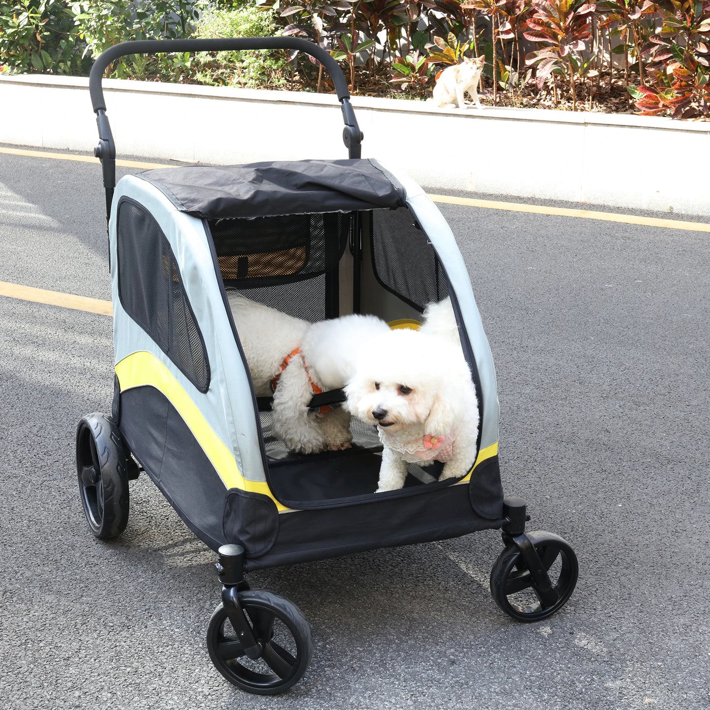 Folding Dual Dog Pet Stroller With Safe Divider And Smooth Wheels