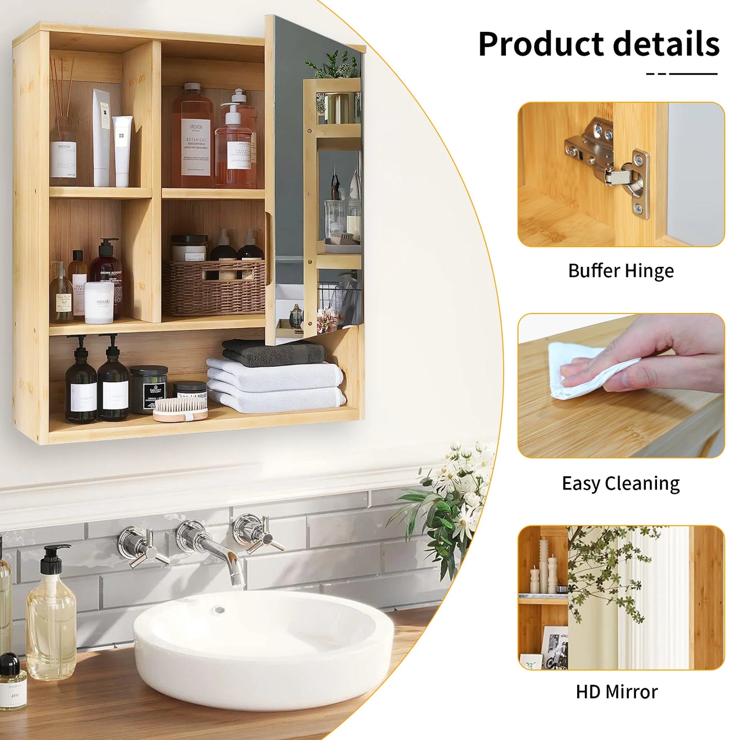 Wisfor Bamboo Wall Mounted Bathroom Cabinet With Mirror Storage