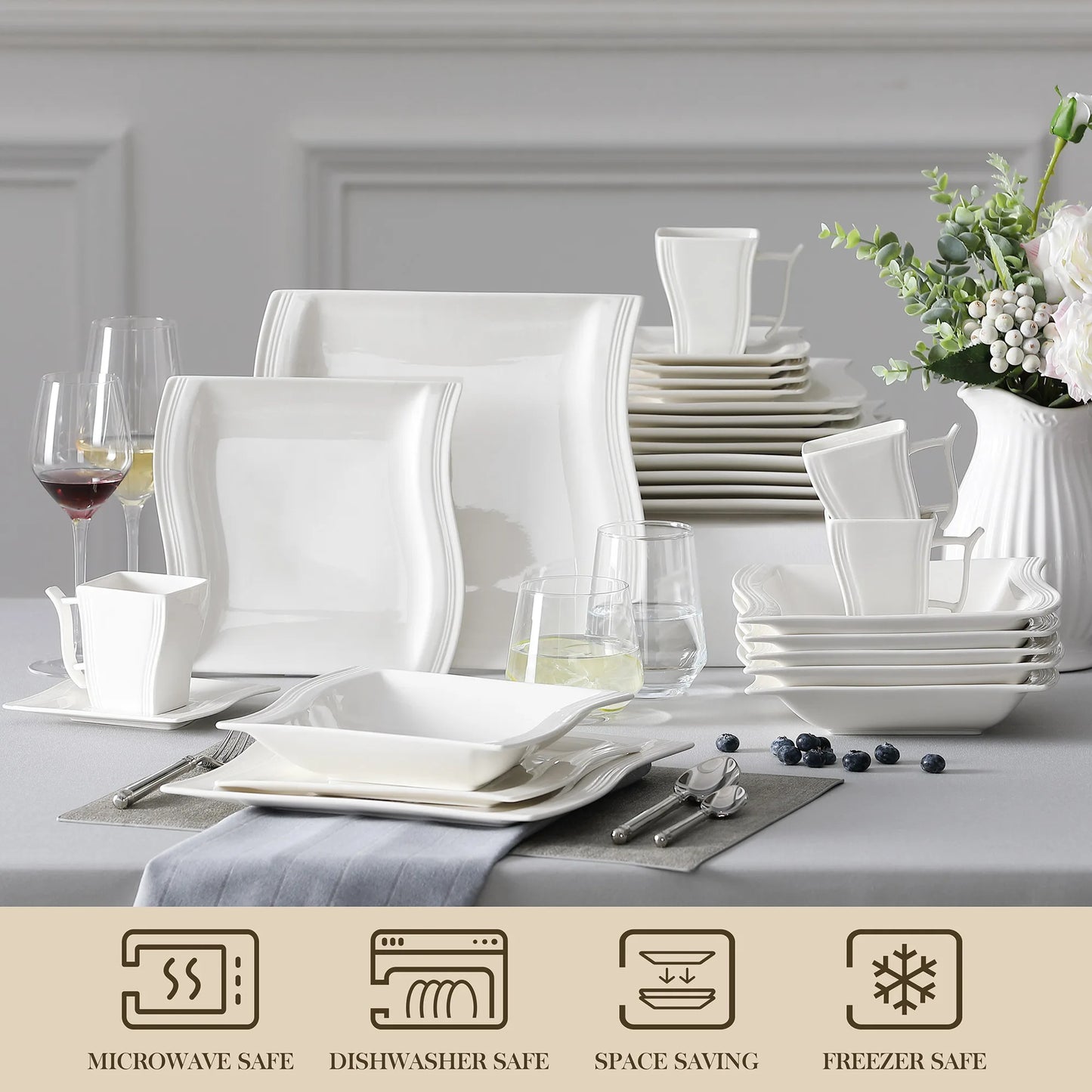 MALACASA Flora White Porcelain Dinnerware Set For 12 People