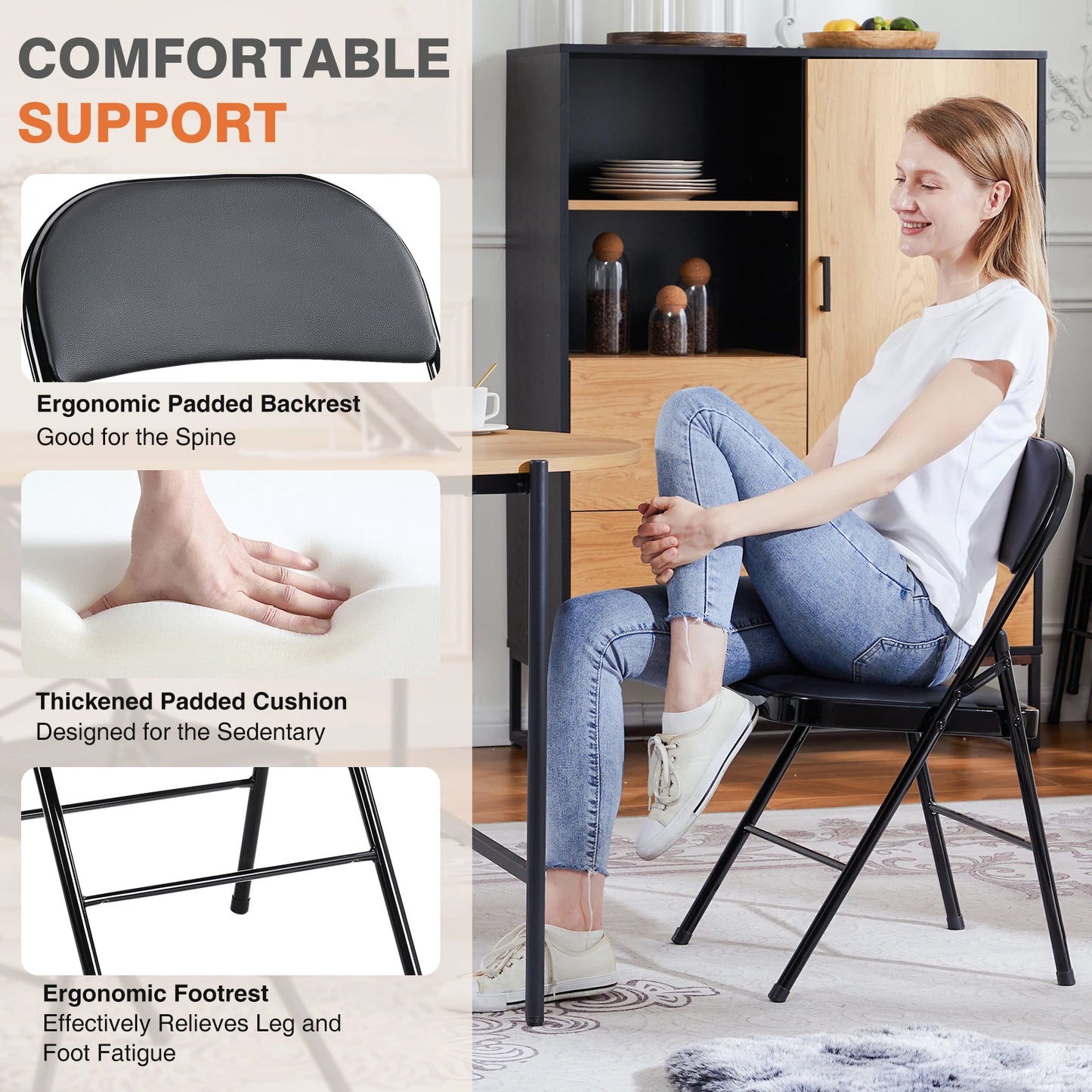 JHK Leather Padded Folding Chair Set 4 Pack, Sturdy Metal Living Room Chairs