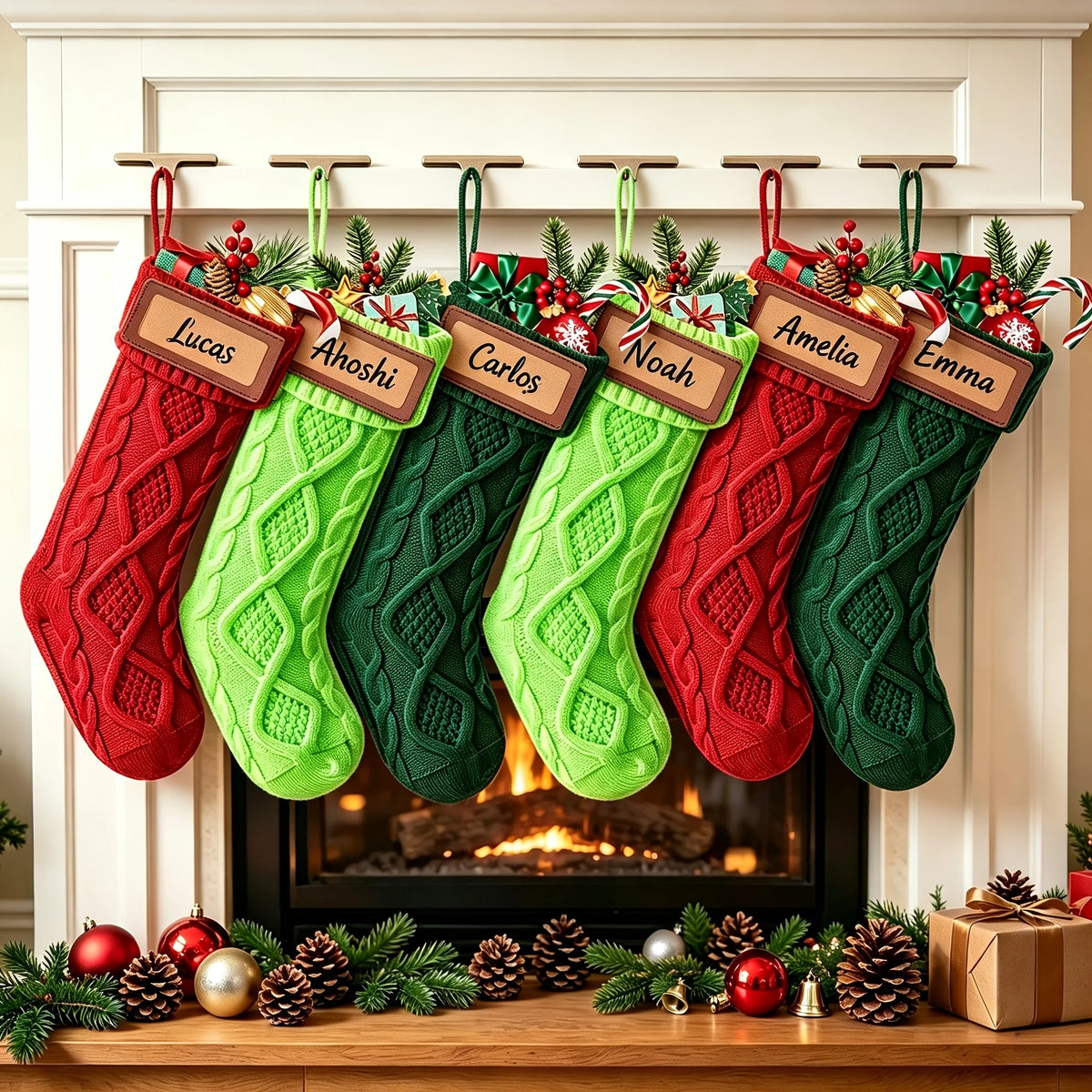 6 Pack Christmas Stockings, Personalized Cable Knit Christmas Stocking with Wooden Name Tag, Family Hanging Xmas Stocking for Fireplace Mantel Indoor Holiday Party Decoration Pet and Home Outlet