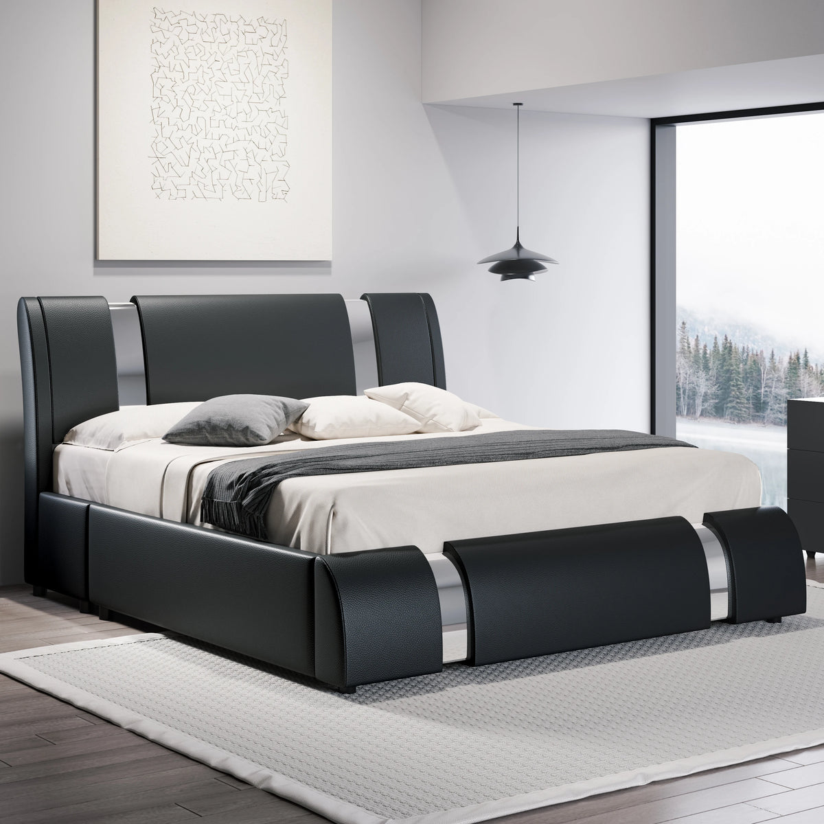 HOOMIC Modern Faux Leather Bed Frame with Iron Pieces Decor, Low Profile Platform Bed with Height-Adjustable Headboard Pet and Home Outlet