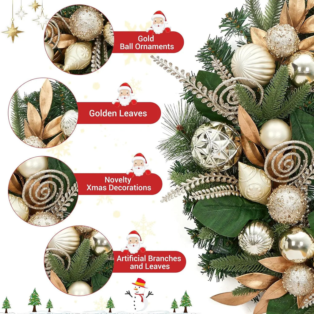 Garvee 24 Inch Christmas Wreath Artificial Xmas Garland with 20 LED Lights and Gold Leaves, Balls and Ornaments Door Wall Hanging Winter Holiday Party Decoration for Fireplace, Window Pet and Home Outlet