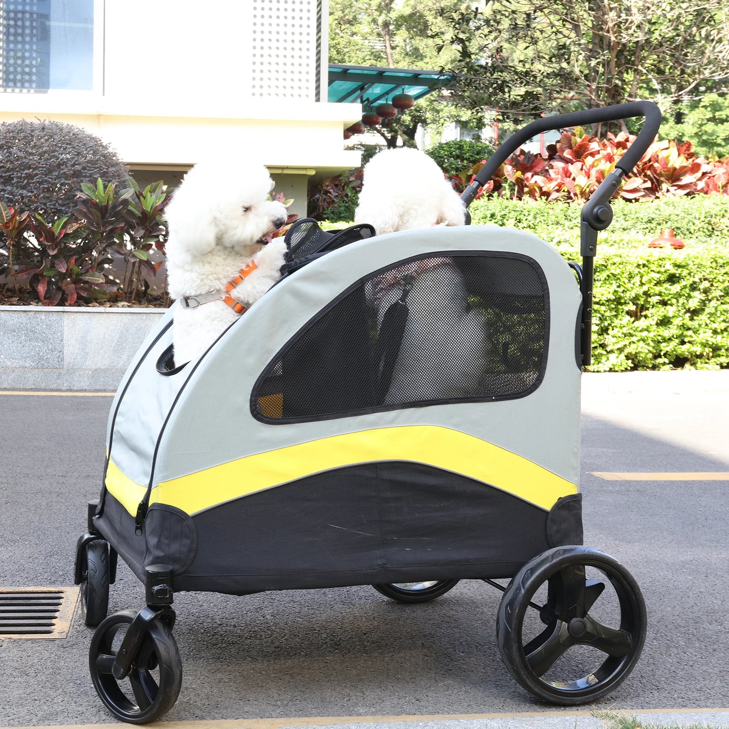 Folding Dual Dog Pet Stroller With Safe Divider And Smooth Wheels