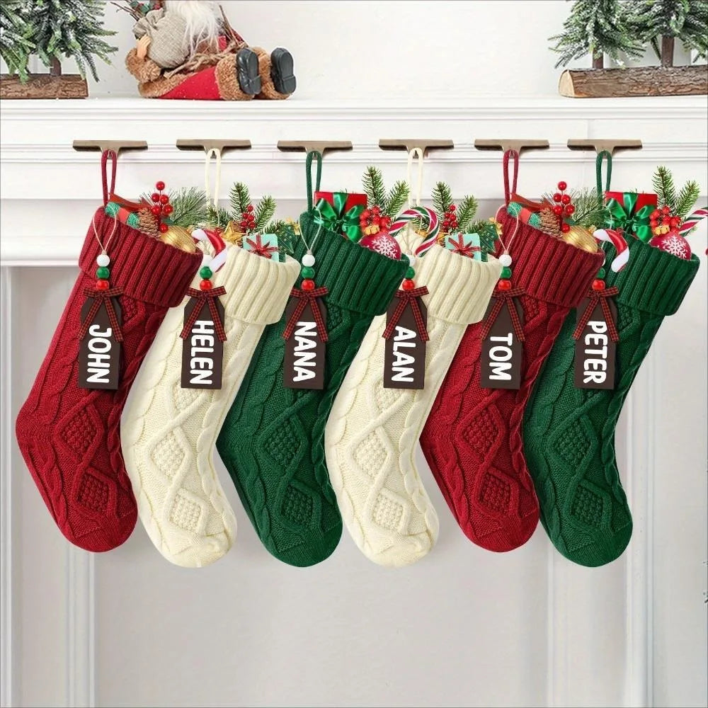 6 Pack Christmas Stockings, Personalized Cable Knit Christmas Stocking with Wooden Name Tag, Family Hanging Xmas Stocking for Fireplace Mantel Indoor Holiday Party Decoration Pet and Home Outlet