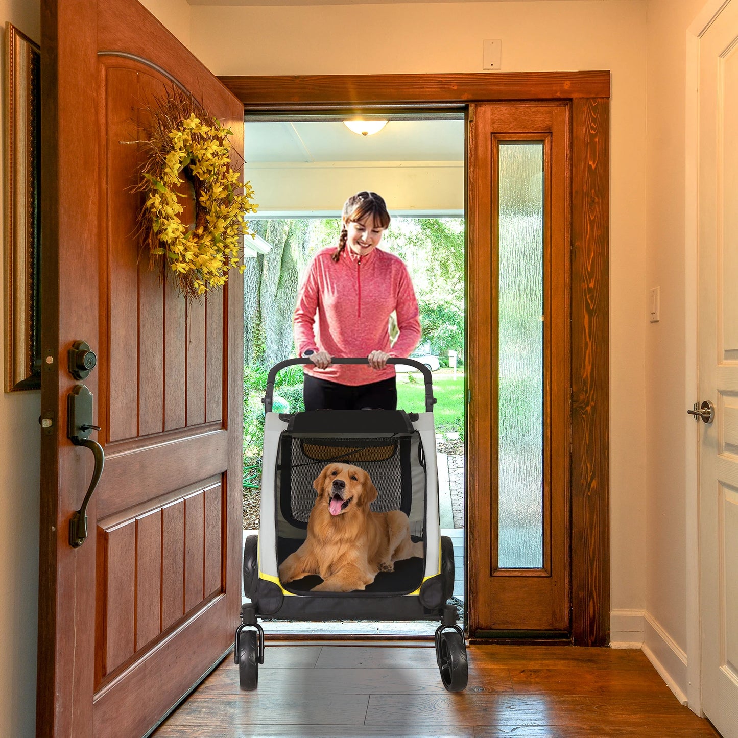 Folding Dual Dog Pet Stroller With Safe Divider And Smooth Wheels