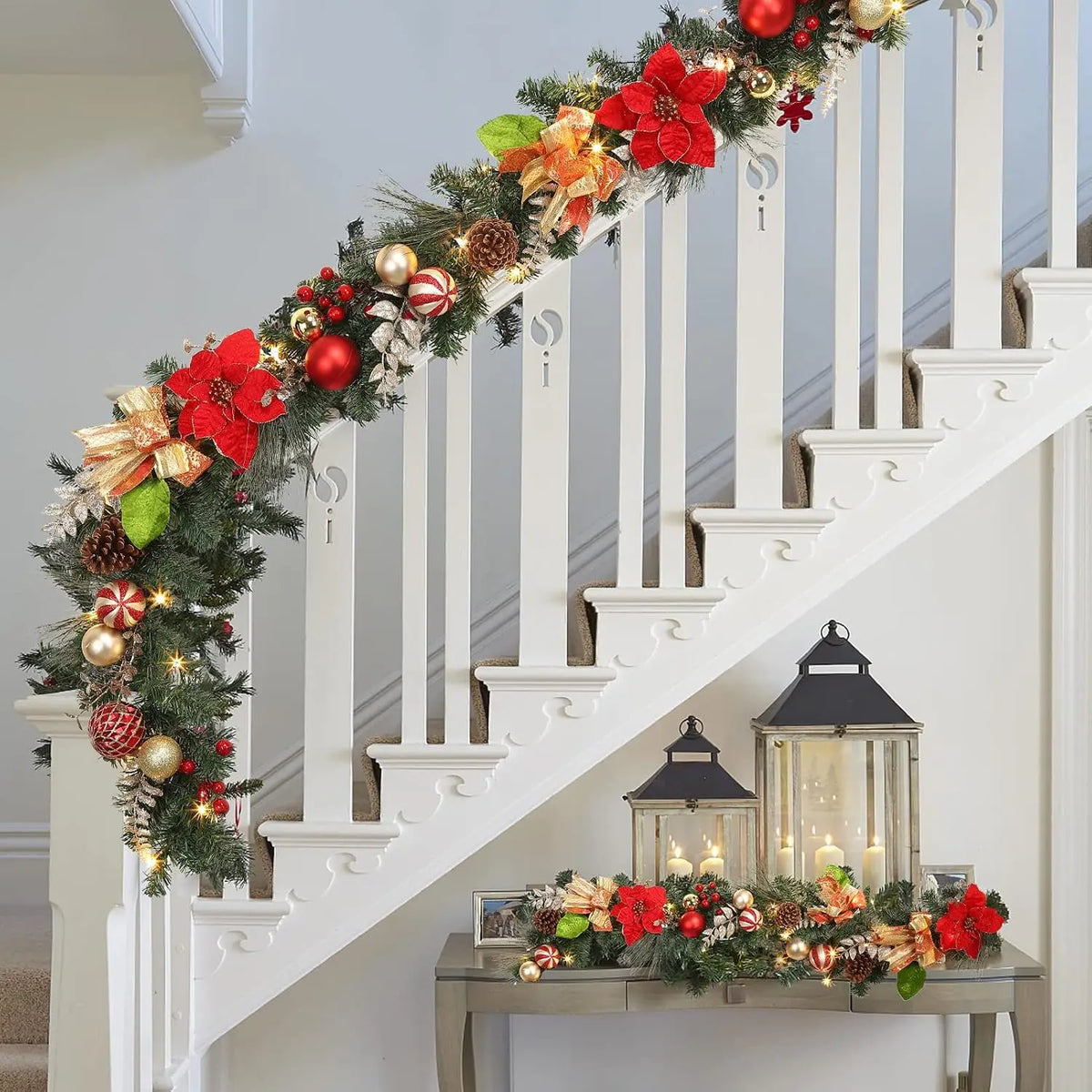 Garvee Christmas Garland With Poinsettias Pine Cones Berries And Lights Pet and Home Outlet
