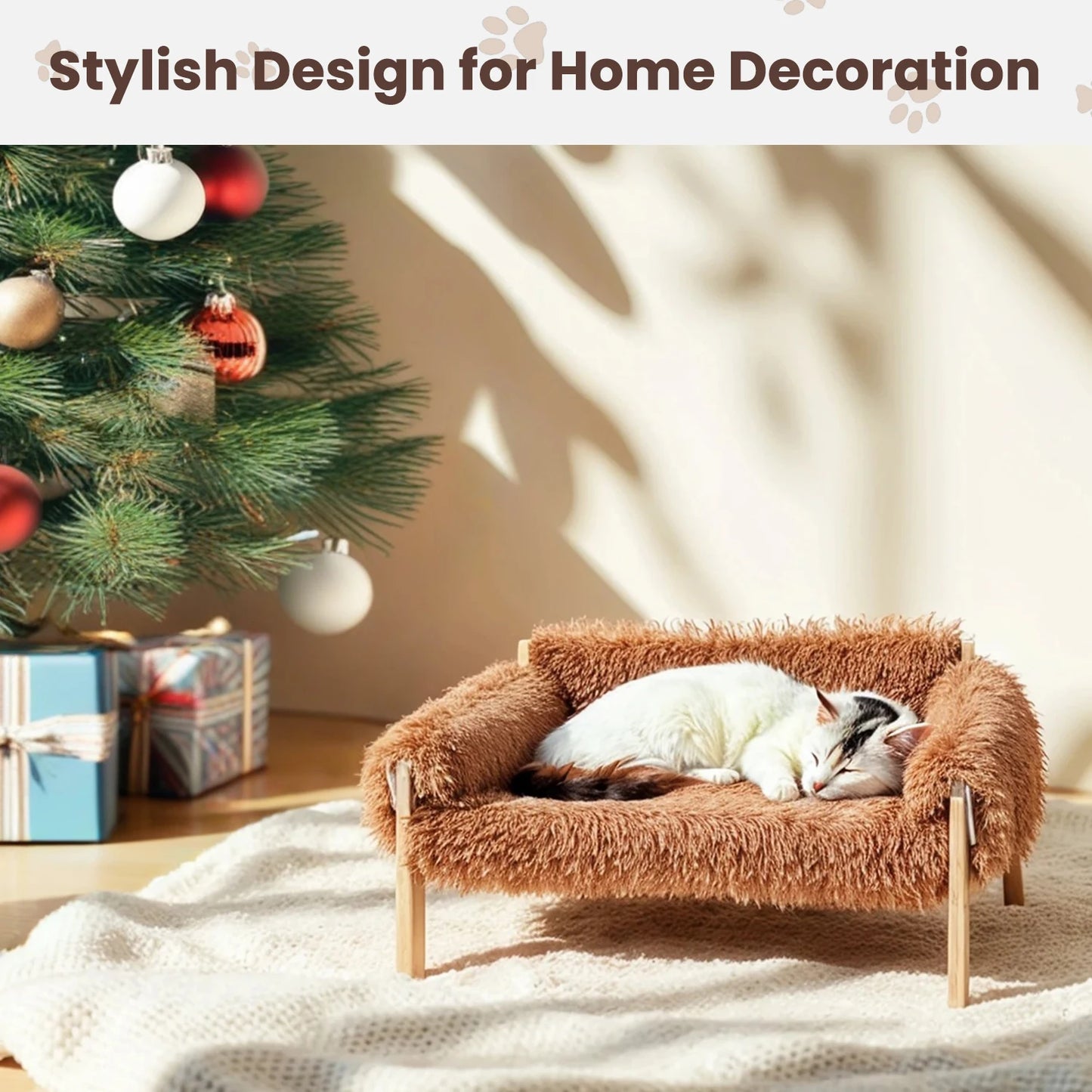 Raised Wooden Cat Bed With Plush Sofa for Indoor Cats