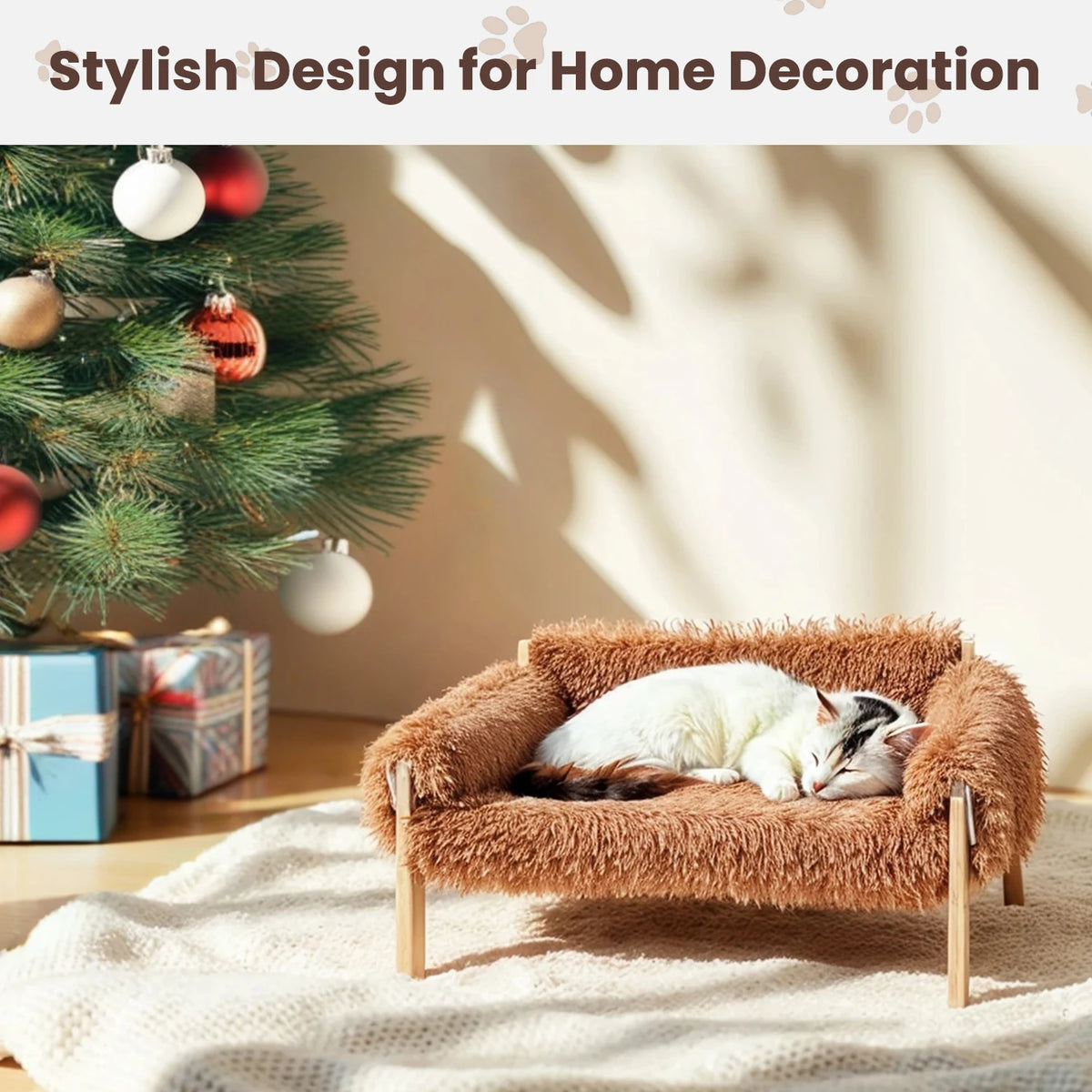 Raised Wooden Cat Bed With Plush Sofa for Indoor Cats Pet and Home Outlet