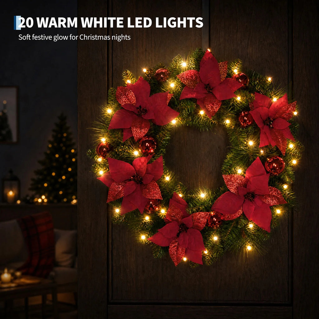 24 Inch Pre-Lit Christmas Wreath with 20 Warm White LED Lights, Snowy Pine Cones, Battery Operated, Front Door Indoor Outdoor Pet and Home Outlet