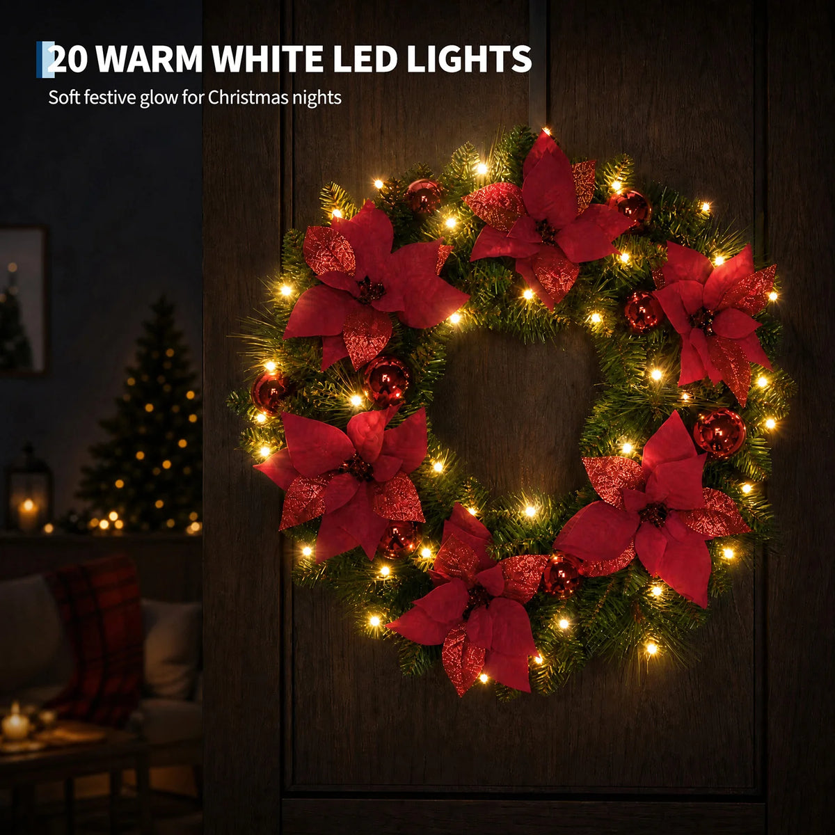 24 Inch Pre-Lit Christmas Wreath with 20 Warm White LED Lights, Snowy Pine Cones, Battery Operated, Front Door Indoor Outdoor Pet and Home Outlet