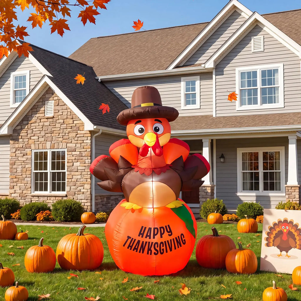 6ft Thanksgiving Pumpkin Turkey Inflatable Yard Decor With 7 Led Lights, Blower, Stakes & Ropes For Lawn Porch Garden Party Home Pet and Home Outlet