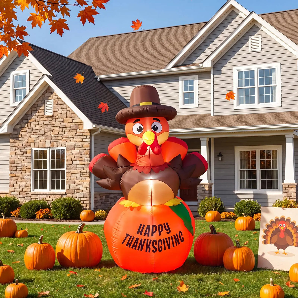 6ft Thanksgiving Pumpkin Turkey Inflatable Yard Decor With 7 Led Lights, Blower, Stakes & Ropes For Lawn Porch Garden Party Home Pet and Home Outlet
