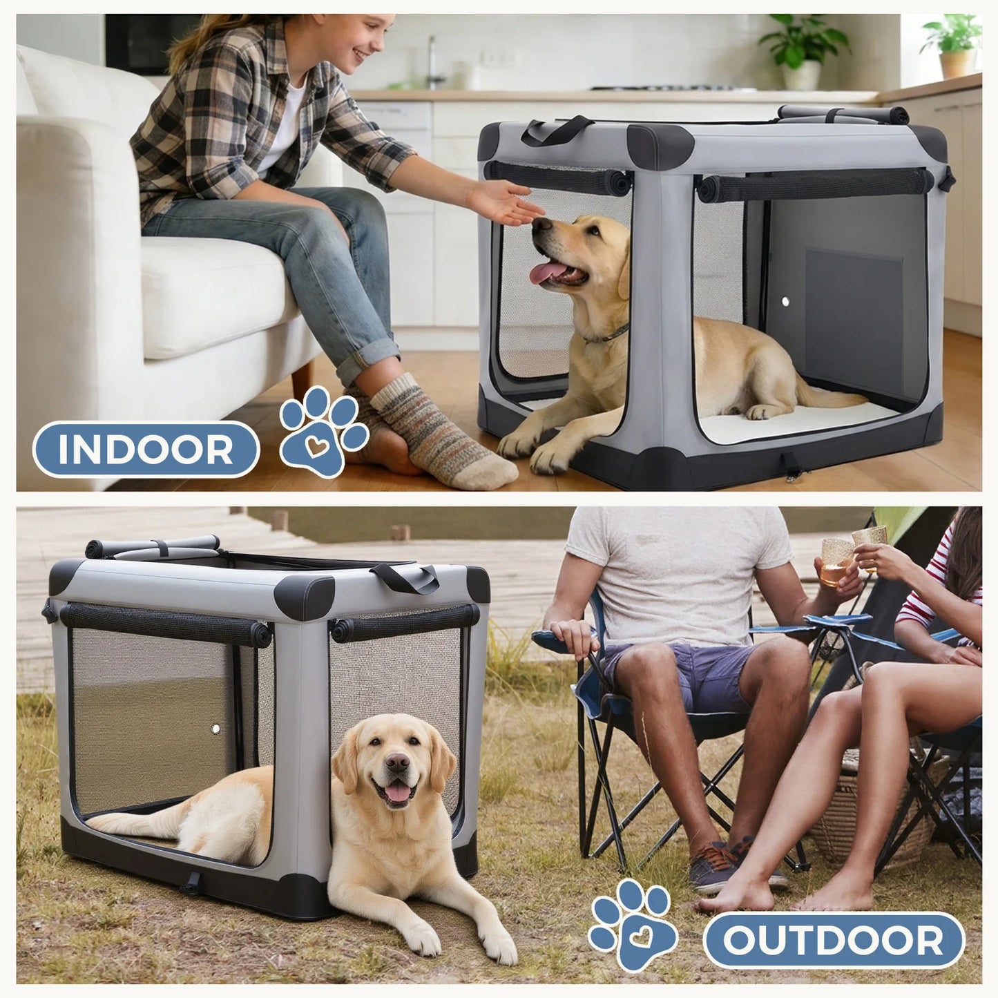 JHK 600D Oxford Foldable Soft Dog Crate With Three Doors Indoor
