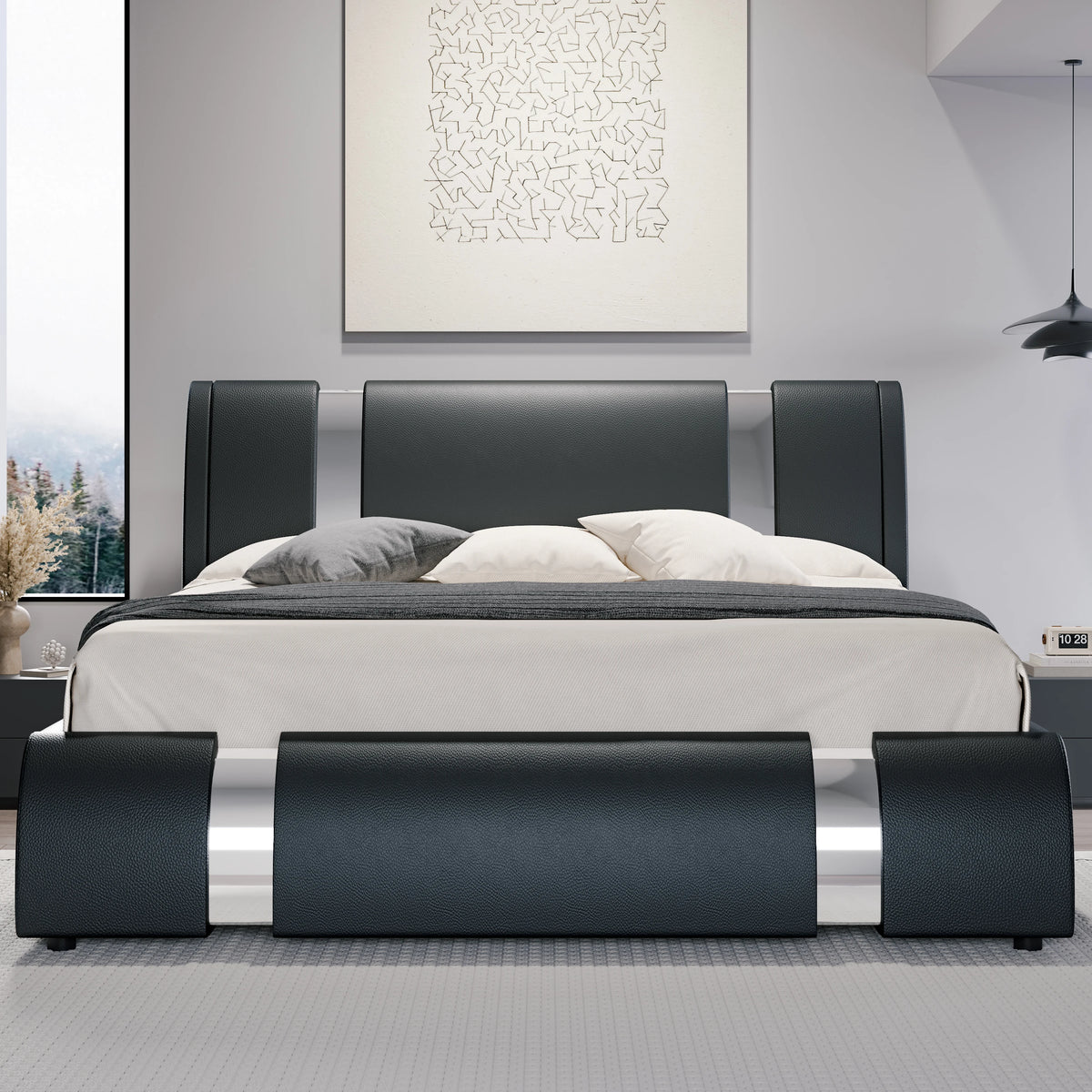 HOOMIC Modern Faux Leather Bed Frame with Iron Pieces Decor, Low Profile Platform Bed with Height-Adjustable Headboard Pet and Home Outlet