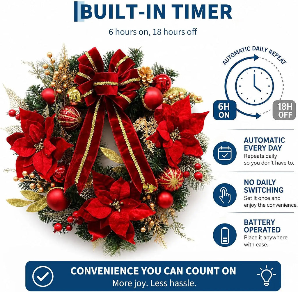 Garvee 24inch Christmas Wreath for Front Door with 20 LED Lights Holiday Wreath Artificial Velvet Bow Hanger for Fireplace Wall Indoor Outdoor Decor Pet and Home Outlet