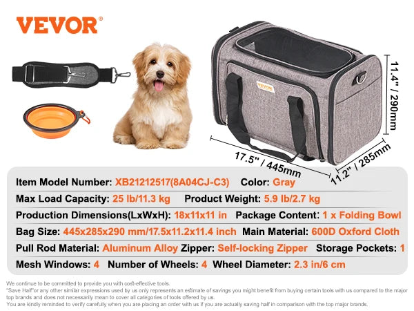 Breathable Cat And Small Dog Carrier Backpack With Telescopic Handle And Wheels