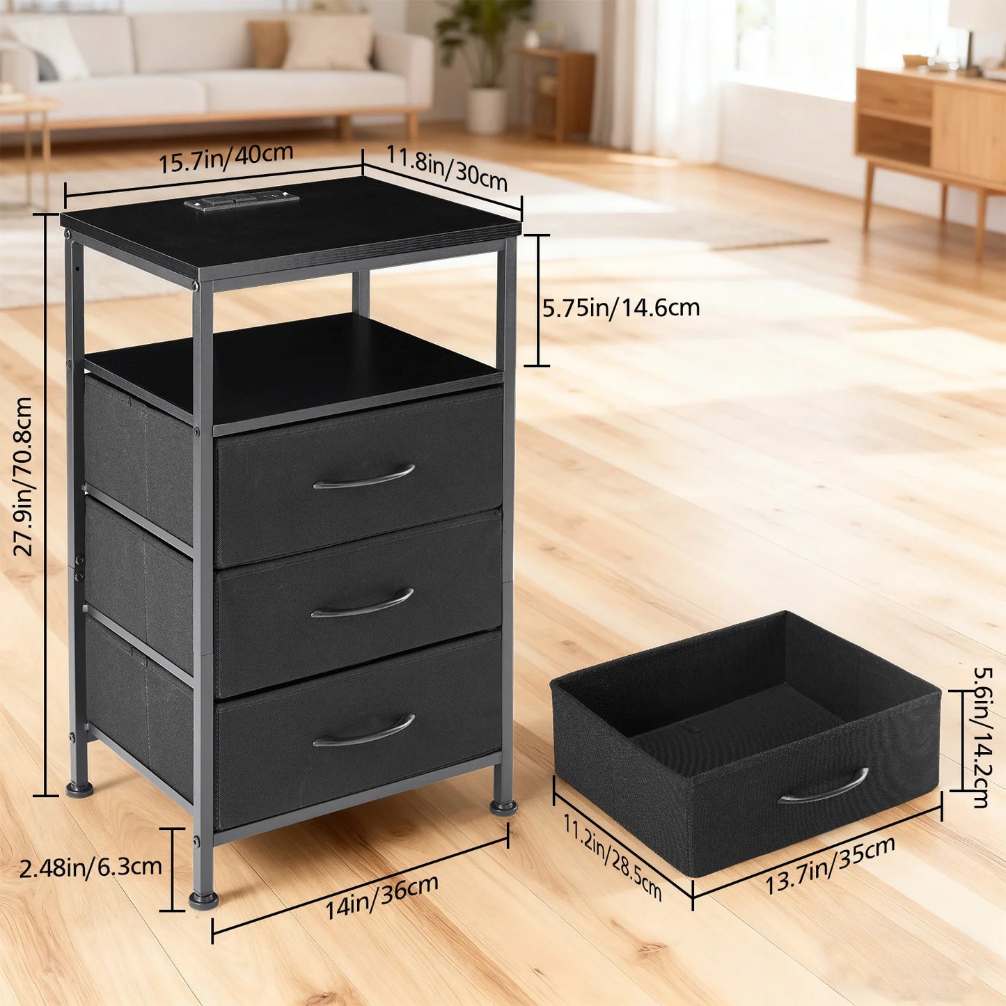 JHK Modern Nightstand With Three Fabric Drawers And USB Outlet