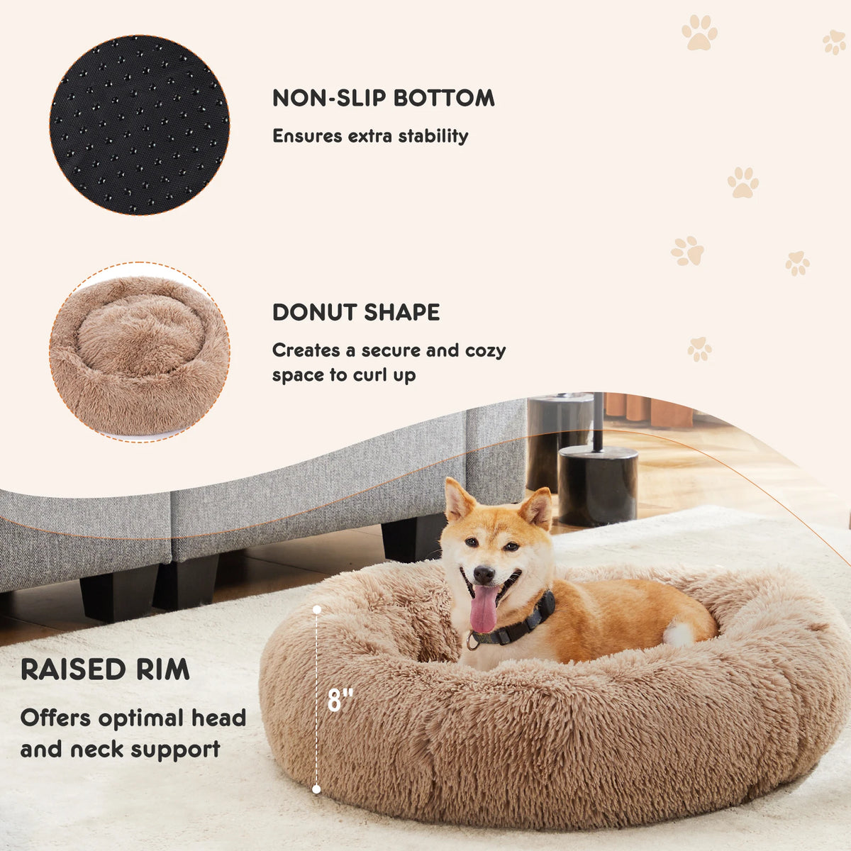 JHK Calming Dog Bed for Medium to Large Dogs Washable Large Pet Bed Anti-Slip Round Fluffy Plush Faux Fur Dog Bed Pet and Home Outlet