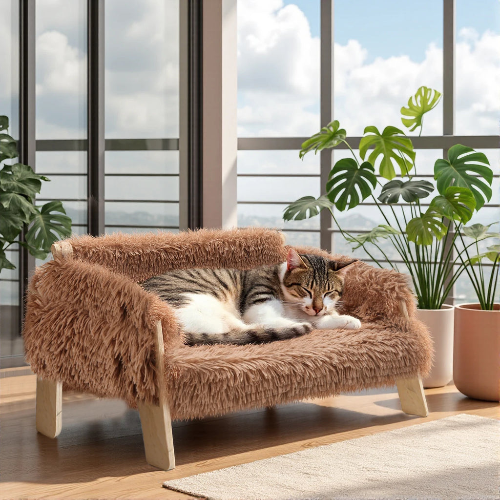 Raised Wooden Cat Bed With Plush Sofa for Indoor Cats Pet and Home Outlet