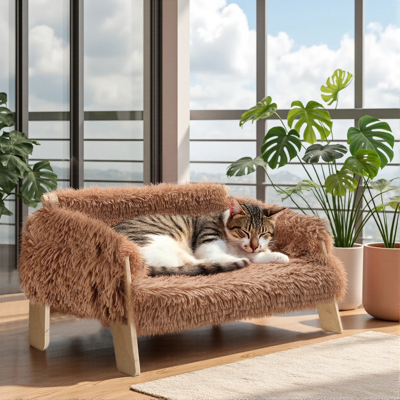 Raised Wooden Cat Bed With Plush Sofa for Indoor Cats